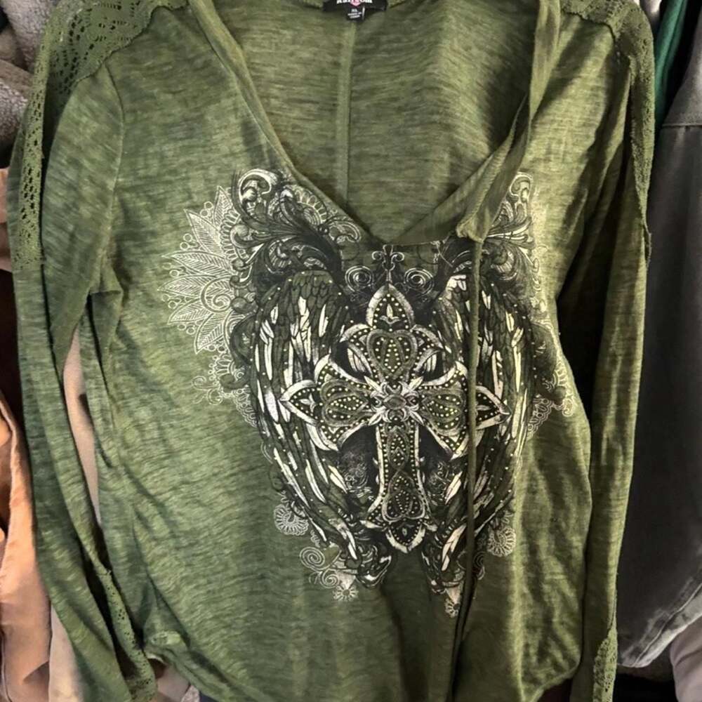 Ransom Olive Green Winged Cross Hooded Long Sleeve Shirt